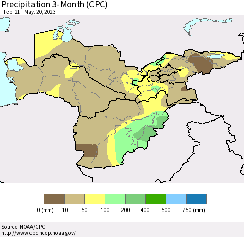 Central Asia Precipitation 3-Month (CPC) Thematic Map For 2/21/2023 - 5/20/2023