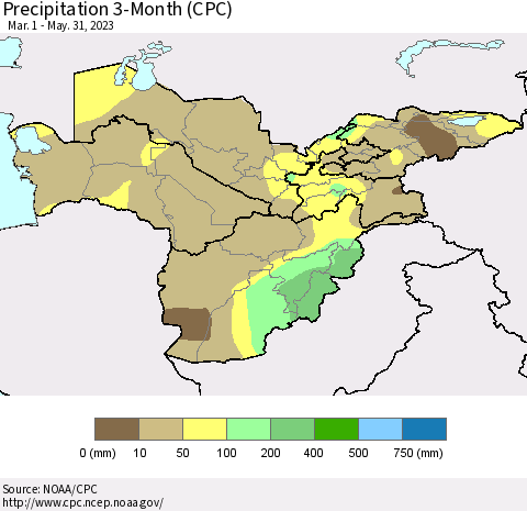 Central Asia Precipitation 3-Month (CPC) Thematic Map For 3/1/2023 - 5/31/2023