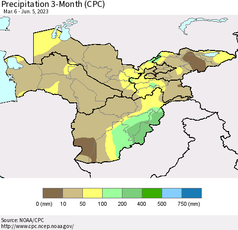 Central Asia Precipitation 3-Month (CPC) Thematic Map For 3/6/2023 - 6/5/2023