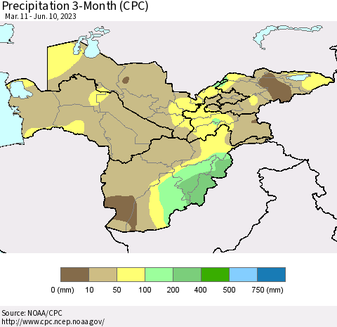 Central Asia Precipitation 3-Month (CPC) Thematic Map For 3/11/2023 - 6/10/2023