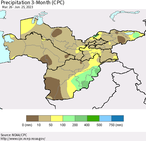 Central Asia Precipitation 3-Month (CPC) Thematic Map For 3/26/2023 - 6/25/2023