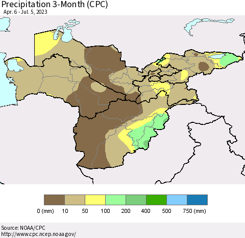 Central Asia Precipitation 3-Month (CPC) Thematic Map For 4/6/2023 - 7/5/2023