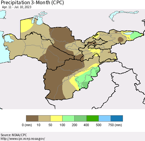 Central Asia Precipitation 3-Month (CPC) Thematic Map For 4/11/2023 - 7/10/2023