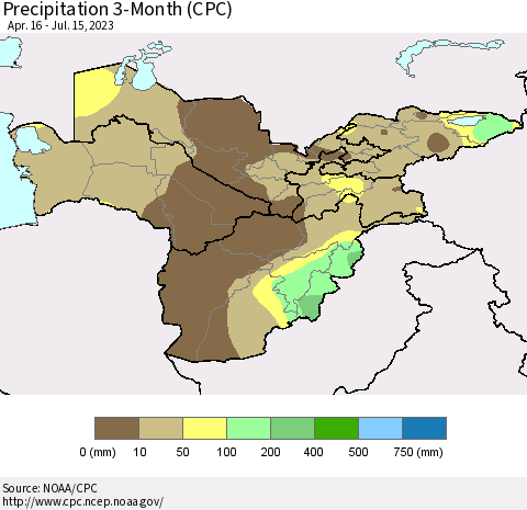 Central Asia Precipitation 3-Month (CPC) Thematic Map For 4/16/2023 - 7/15/2023