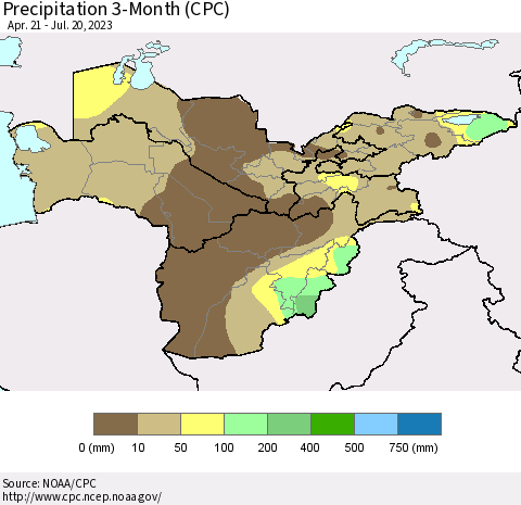 Central Asia Precipitation 3-Month (CPC) Thematic Map For 4/21/2023 - 7/20/2023