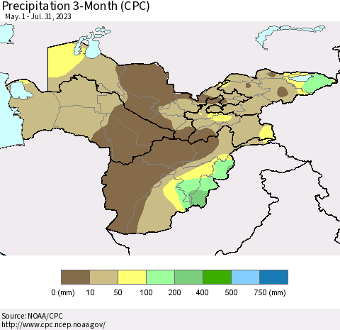 Central Asia Precipitation 3-Month (CPC) Thematic Map For 5/1/2023 - 7/31/2023