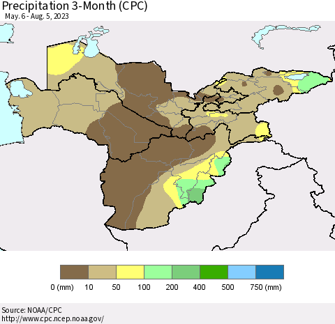 Central Asia Precipitation 3-Month (CPC) Thematic Map For 5/6/2023 - 8/5/2023