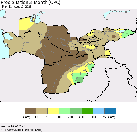 Central Asia Precipitation 3-Month (CPC) Thematic Map For 5/11/2023 - 8/10/2023