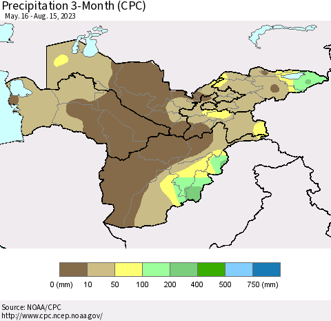 Central Asia Precipitation 3-Month (CPC) Thematic Map For 5/16/2023 - 8/15/2023
