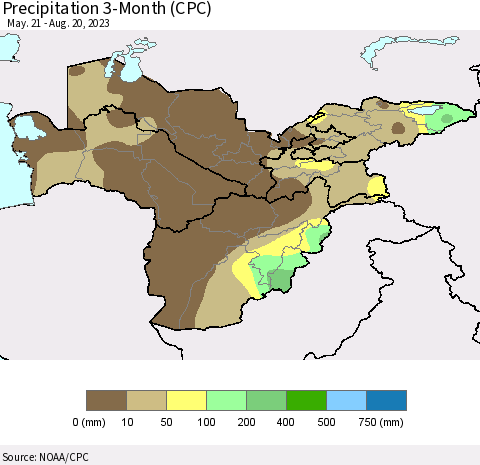 Central Asia Precipitation 3-Month (CPC) Thematic Map For 5/21/2023 - 8/20/2023