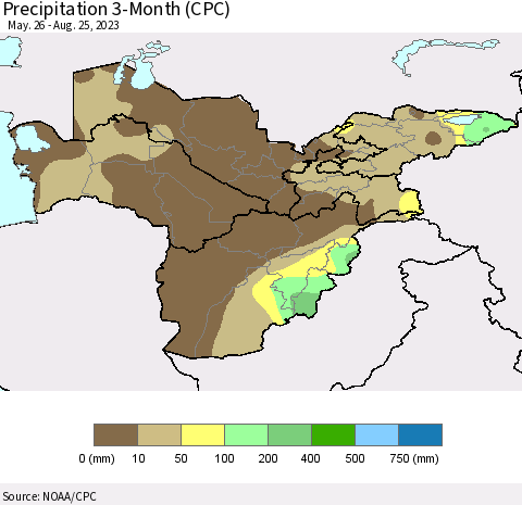 Central Asia Precipitation 3-Month (CPC) Thematic Map For 5/26/2023 - 8/25/2023