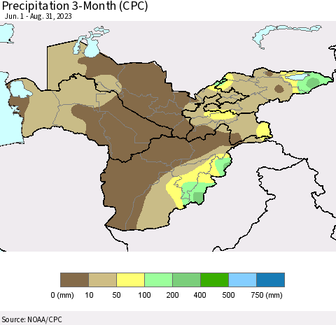 Central Asia Precipitation 3-Month (CPC) Thematic Map For 6/1/2023 - 8/31/2023