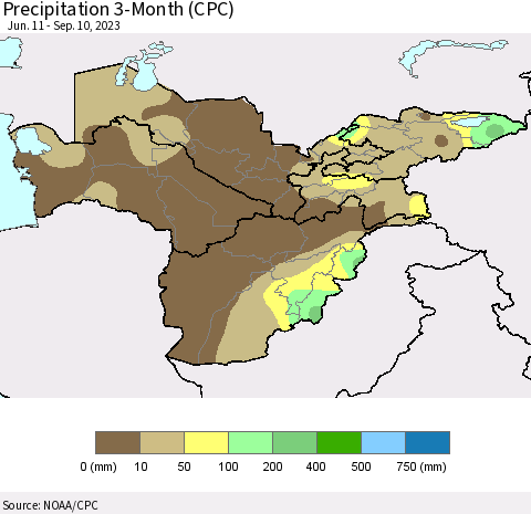 Central Asia Precipitation 3-Month (CPC) Thematic Map For 6/11/2023 - 9/10/2023