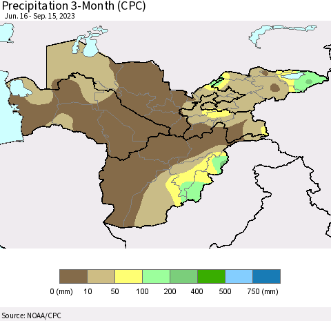 Central Asia Precipitation 3-Month (CPC) Thematic Map For 6/16/2023 - 9/15/2023