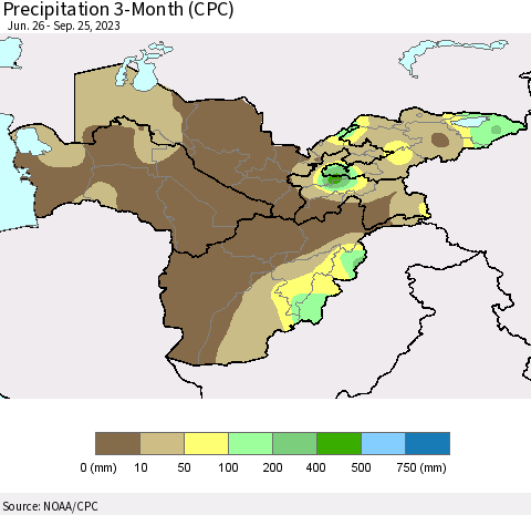Central Asia Precipitation 3-Month (CPC) Thematic Map For 6/26/2023 - 9/25/2023