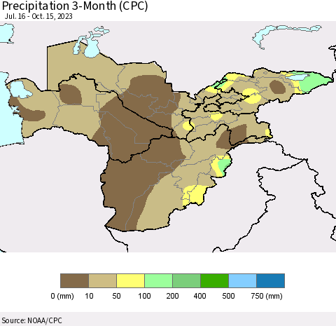 Central Asia Precipitation 3-Month (CPC) Thematic Map For 7/16/2023 - 10/15/2023