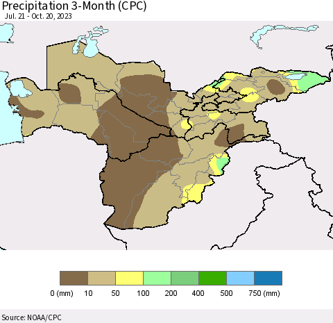 Central Asia Precipitation 3-Month (CPC) Thematic Map For 7/21/2023 - 10/20/2023