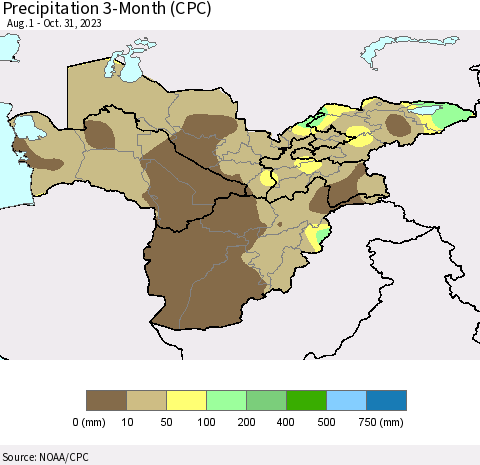 Central Asia Precipitation 3-Month (CPC) Thematic Map For 8/1/2023 - 10/31/2023