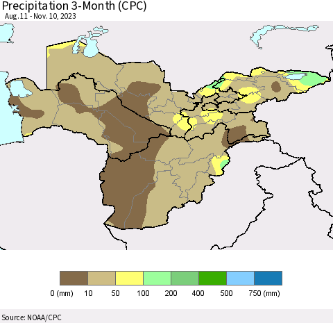 Central Asia Precipitation 3-Month (CPC) Thematic Map For 8/11/2023 - 11/10/2023