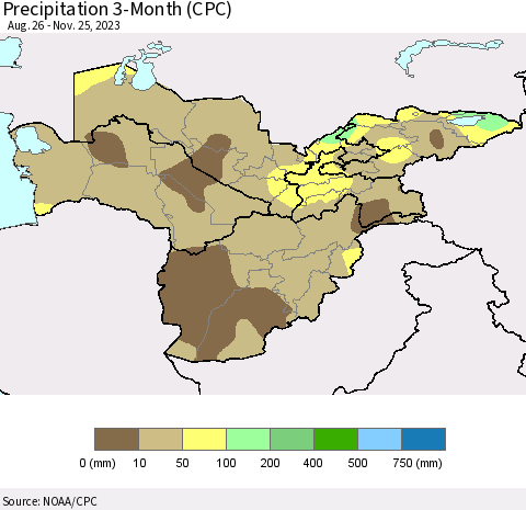 Central Asia Precipitation 3-Month (CPC) Thematic Map For 8/26/2023 - 11/25/2023