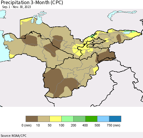 Central Asia Precipitation 3-Month (CPC) Thematic Map For 9/1/2023 - 11/30/2023