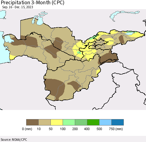 Central Asia Precipitation 3-Month (CPC) Thematic Map For 9/16/2023 - 12/15/2023