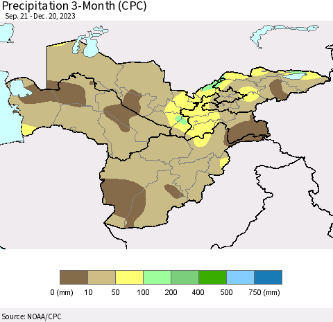 Central Asia Precipitation 3-Month (CPC) Thematic Map For 9/21/2023 - 12/20/2023