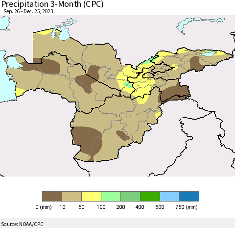 Central Asia Precipitation 3-Month (CPC) Thematic Map For 9/26/2023 - 12/25/2023