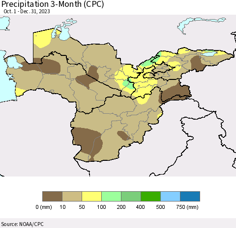 Central Asia Precipitation 3-Month (CPC) Thematic Map For 10/1/2023 - 12/31/2023