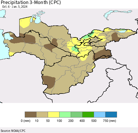 Central Asia Precipitation 3-Month (CPC) Thematic Map For 10/6/2023 - 1/5/2024
