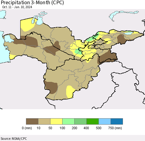 Central Asia Precipitation 3-Month (CPC) Thematic Map For 10/11/2023 - 1/10/2024