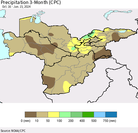 Central Asia Precipitation 3-Month (CPC) Thematic Map For 10/16/2023 - 1/15/2024