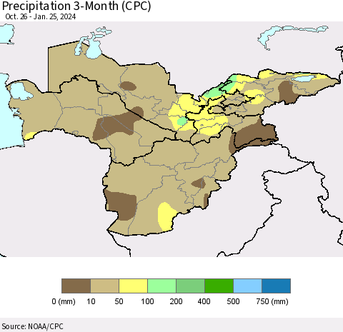 Central Asia Precipitation 3-Month (CPC) Thematic Map For 10/26/2023 - 1/25/2024