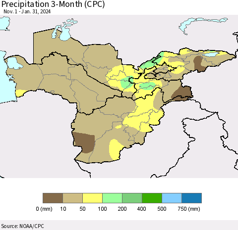 Central Asia Precipitation 3-Month (CPC) Thematic Map For 11/1/2023 - 1/31/2024