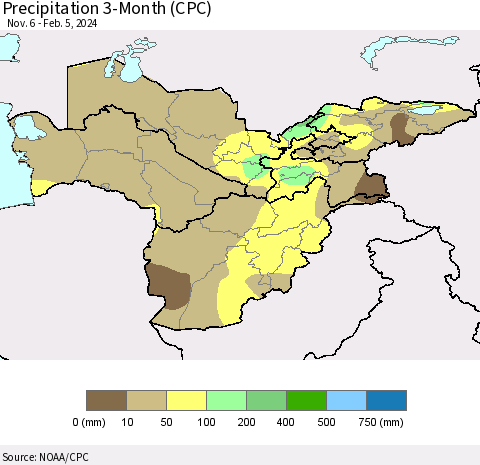 Central Asia Precipitation 3-Month (CPC) Thematic Map For 11/6/2023 - 2/5/2024