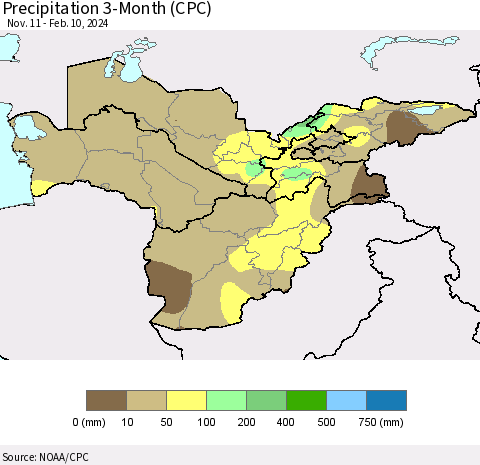 Central Asia Precipitation 3-Month (CPC) Thematic Map For 11/11/2023 - 2/10/2024