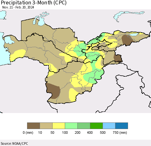Central Asia Precipitation 3-Month (CPC) Thematic Map For 11/21/2023 - 2/20/2024
