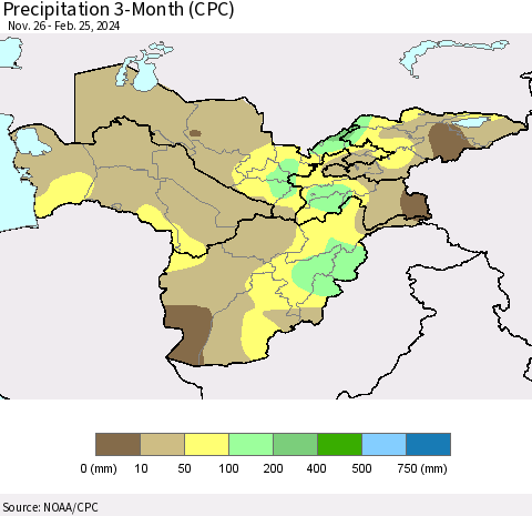 Central Asia Precipitation 3-Month (CPC) Thematic Map For 11/26/2023 - 2/25/2024