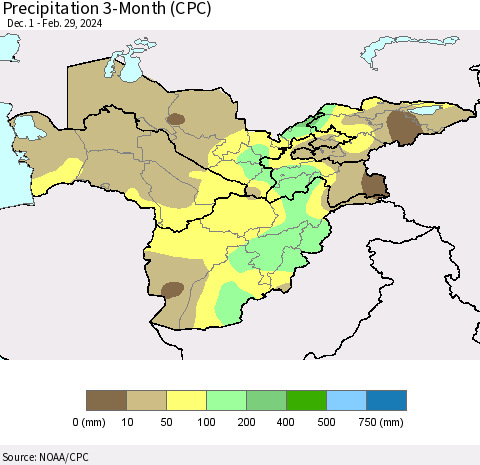 Central Asia Precipitation 3-Month (CPC) Thematic Map For 12/1/2023 - 2/29/2024