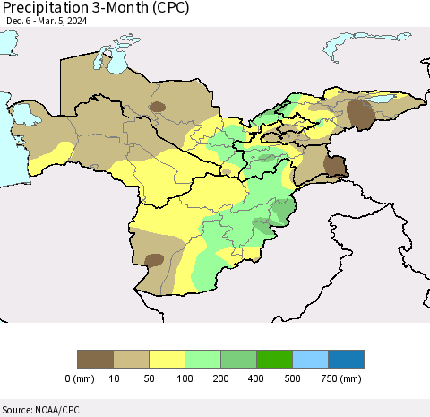 Central Asia Precipitation 3-Month (CPC) Thematic Map For 12/6/2023 - 3/5/2024