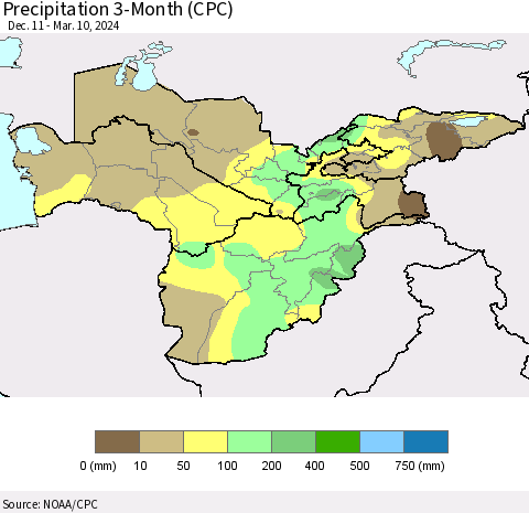 Central Asia Precipitation 3-Month (CPC) Thematic Map For 12/11/2023 - 3/10/2024