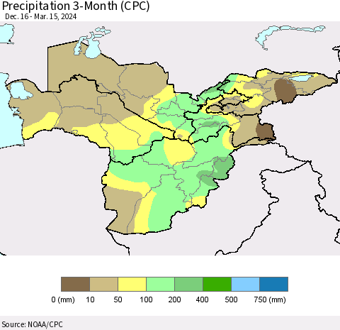 Central Asia Precipitation 3-Month (CPC) Thematic Map For 12/16/2023 - 3/15/2024