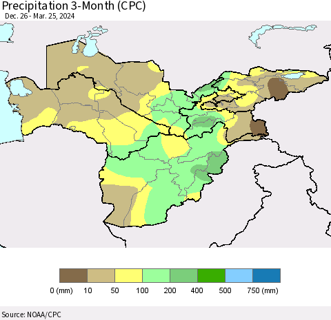 Central Asia Precipitation 3-Month (CPC) Thematic Map For 12/26/2023 - 3/25/2024