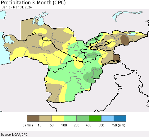 Central Asia Precipitation 3-Month (CPC) Thematic Map For 1/1/2024 - 3/31/2024