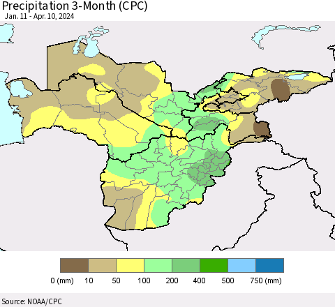 Central Asia Precipitation 3-Month (CPC) Thematic Map For 1/11/2024 - 4/10/2024