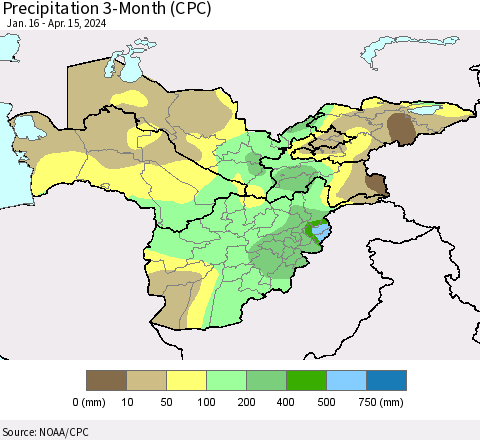 Central Asia Precipitation 3-Month (CPC) Thematic Map For 1/16/2024 - 4/15/2024