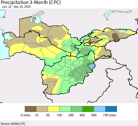 Central Asia Precipitation 3-Month (CPC) Thematic Map For 1/21/2024 - 4/20/2024