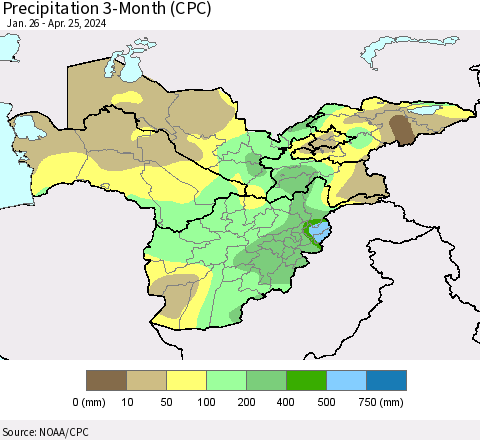 Central Asia Precipitation 3-Month (CPC) Thematic Map For 1/26/2024 - 4/25/2024
