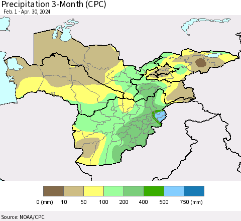 Central Asia Precipitation 3-Month (CPC) Thematic Map For 2/1/2024 - 4/30/2024