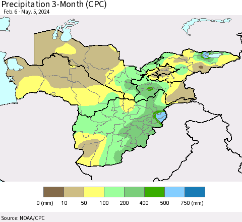 Central Asia Precipitation 3-Month (CPC) Thematic Map For 2/6/2024 - 5/5/2024